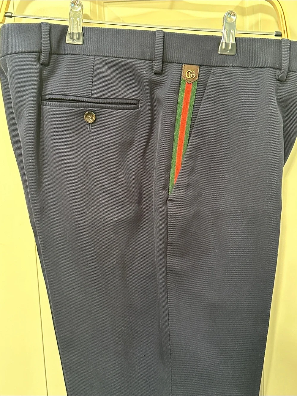 Gucci Men's Navy Dress Pants with Red and Green Trim